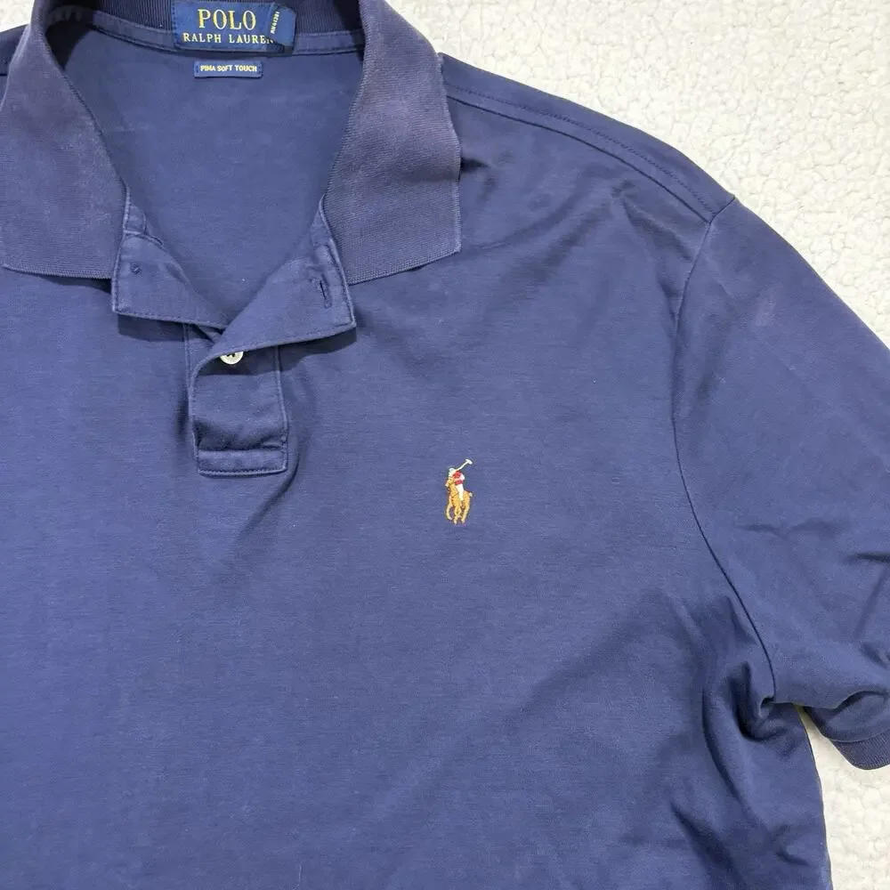 POLO RALPH LAUREN Pima Soft Touch‎ Mens Size XL Polo Navy Natural Flesh Pony